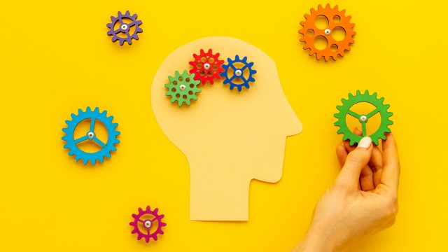 Paper head with brain of gears and cogs. Mental works concept.