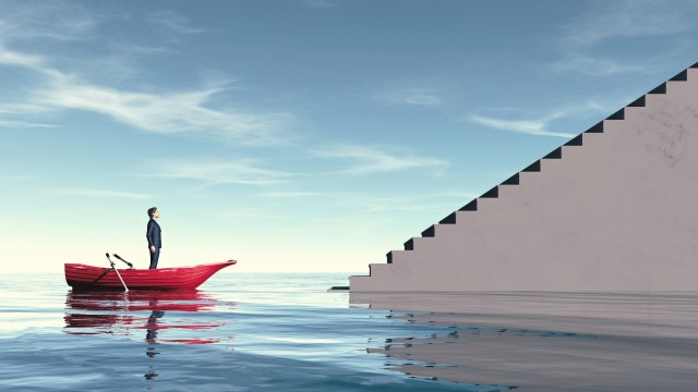Man in a boat looking at stairs . Growth and self development concept . This is a 3d render illustration .