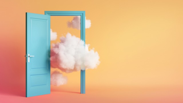 3d render, white clouds and cumulus flying out the blue open door inside the empty room. Objects isolated on peachy background. Abstract metaphor, modern minimal concept. Surreal optical illusion